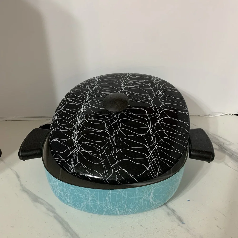 1950's Serendipity Turquoise Pot Enamelware Black Lid Spaghetti Drizzle -8